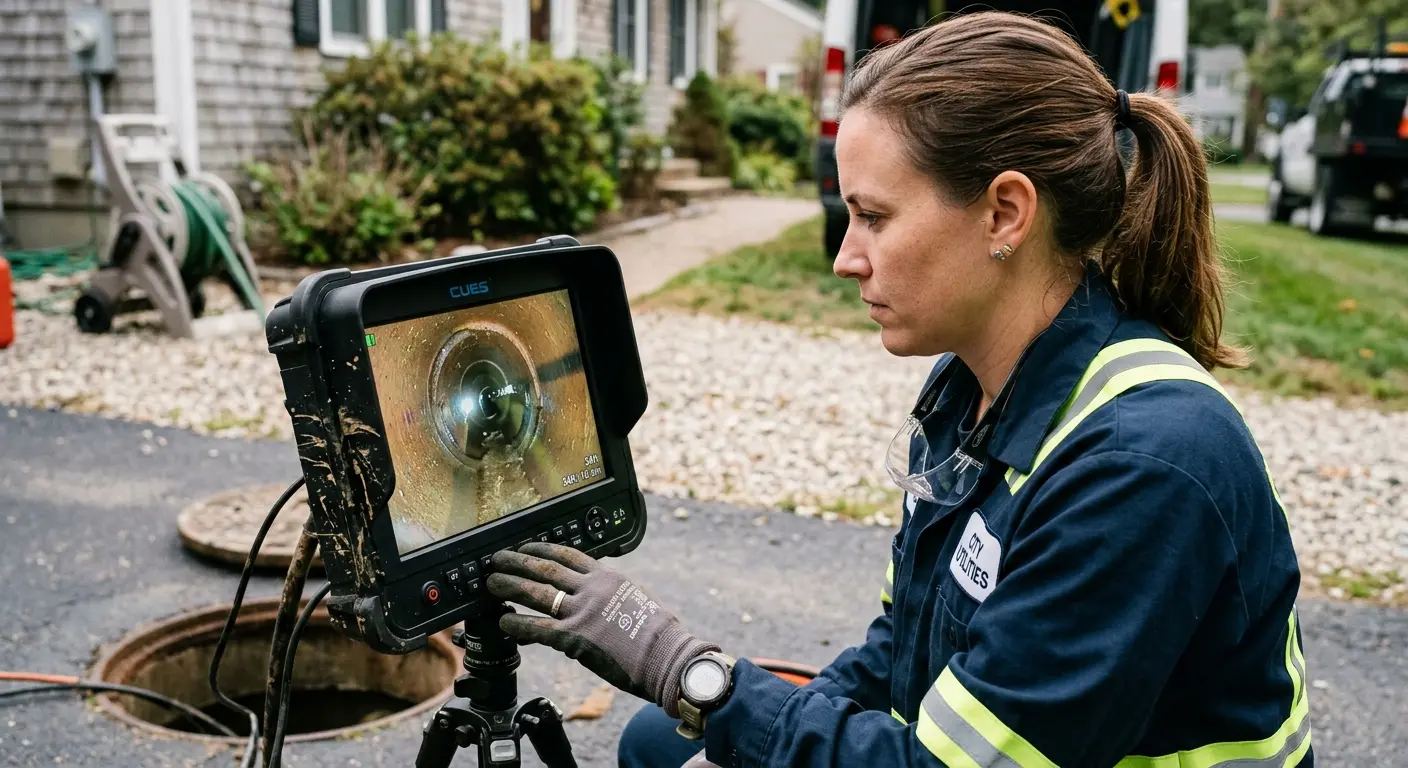 Technician reviewing sewer camera inspection footage in Madison
